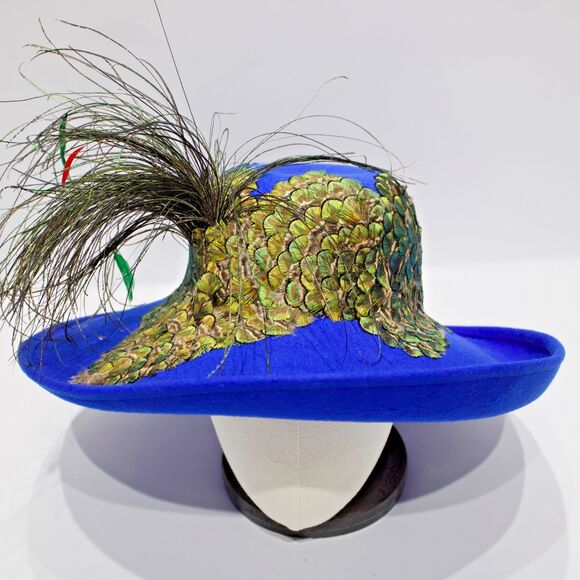 VTG Jack McConnell Blue 100% Wool Felt Fascinator Hat Green Gold Peacock Feather main image 7